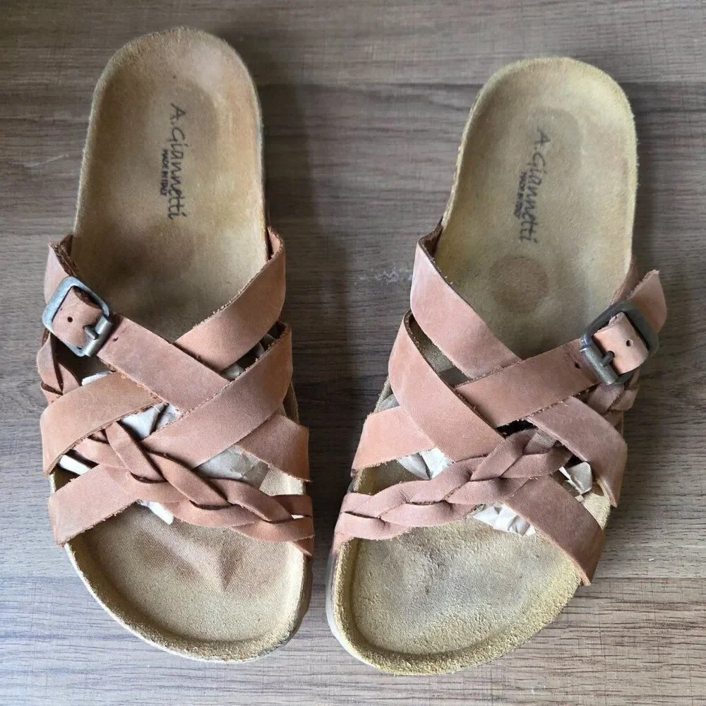 EUC A. GIANNETTI TAN GENUINE LEATHER SANDALS SLIPPERS MADE IN ITALY SIZE 8